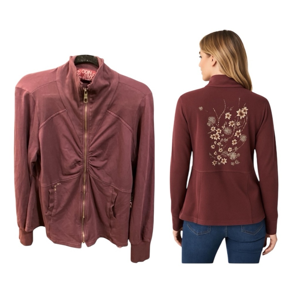 Odin & Ivy Ruched Back Decorated Burgundy Pockets Full Zip Cover Sx L